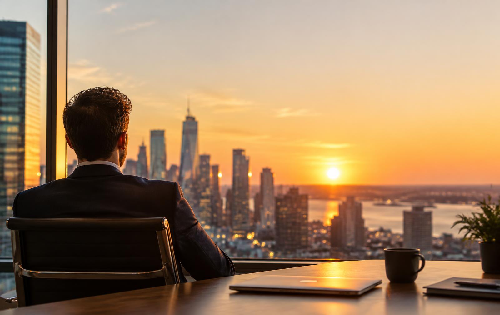 Persona en una oficina mirando la ciudad al atardecer